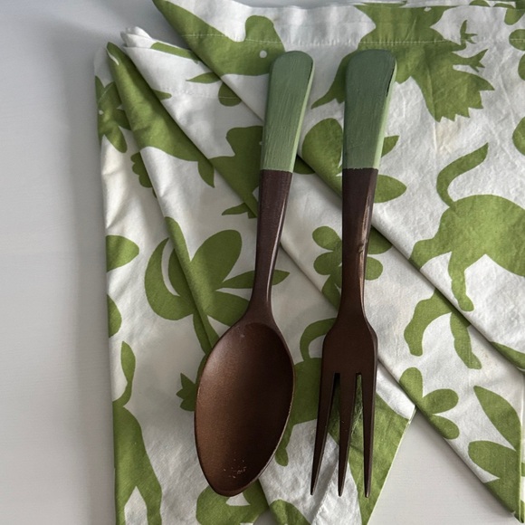 Vintage MCM Green and Brown Wooden Salad Serving Utensil Set - Picture 1 of 4